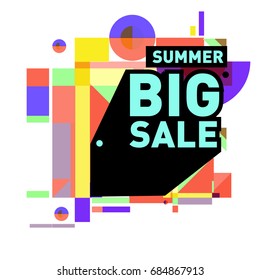 Summer sale memphis style web banner. Fashion and travel discount poster. Vector holiday Abstract colorful illustration with special offer and promotion.