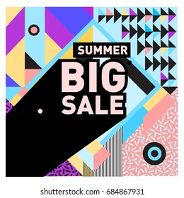 Summer sale memphis style web banner. Fashion and travel discount poster. Vector holiday Abstract colorful illustration with special offer and promotion.