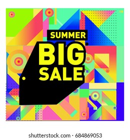 Summer sale memphis style web banner. Fashion and travel discount poster. Vector holiday Abstract colorful illustration with special offer and promotion.