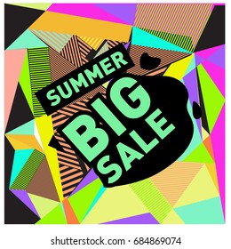 Summer sale memphis style web banner. Fashion and travel discount poster. Vector holiday Abstract colorful illustration with special offer and promotion.