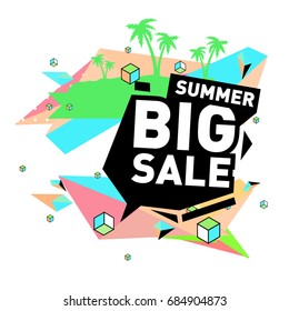 Summer sale memphis style web banner. Fashion and travel discount poster. Vector holiday Abstract colorful illustration with special offer and promotion.