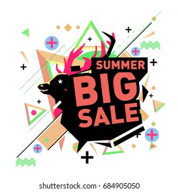 Summer sale memphis style web banner. Fashion and travel discount poster. Vector holiday Abstract colorful illustration with special offer and promotion.