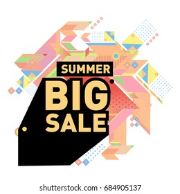 Summer sale memphis style web banner. Fashion and travel discount poster. Vector holiday Abstract colorful illustration with special offer and promotion.