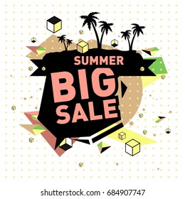 Summer sale memphis style web banner. Fashion and travel discount poster. Vector holiday Abstract colorful illustration with special offer and promotion.