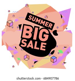 Summer sale memphis style web banner. Fashion and travel discount poster. Vector holiday Abstract colorful illustration with special offer and promotion.