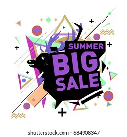 Summer sale memphis style web banner. Fashion and travel discount poster. Vector holiday Abstract colorful illustration with special offer and promotion.