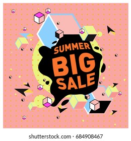 Summer sale memphis style web banner. Fashion and travel discount poster. Vector holiday Abstract colorful illustration with special offer and promotion.