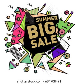 Summer sale memphis style web banner. Fashion and travel discount poster. Vector holiday Abstract colorful illustration with special offer and promotion.