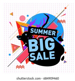 Summer sale memphis style web banner. Fashion and travel discount poster. Vector holiday Abstract colorful illustration with special offer and promotion.