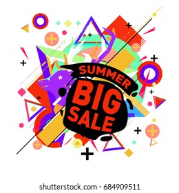 Summer sale memphis style web banner. Fashion and travel discount poster. Vector holiday Abstract colorful illustration with special offer and promotion.