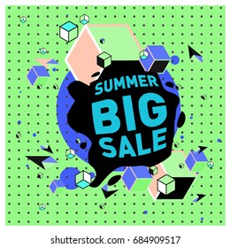 Summer sale memphis style web banner. Fashion and travel discount poster. Vector holiday Abstract colorful illustration with special offer and promotion.