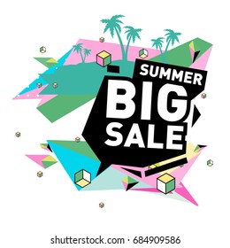 Summer sale memphis style web banner. Fashion and travel discount poster. Vector holiday Abstract colorful illustration with special offer and promotion.