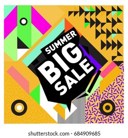 Summer sale memphis style web banner. Fashion and travel discount poster. Vector holiday Abstract colorful illustration with special offer and promotion.