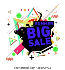 Summer sale memphis style web banner. Fashion and travel discount poster. Vector holiday Abstract colorful illustration with special offer and promotion.