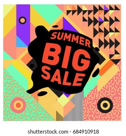 Summer sale memphis style web banner. Fashion and travel discount poster. Vector holiday Abstract colorful illustration with special offer and promotion.