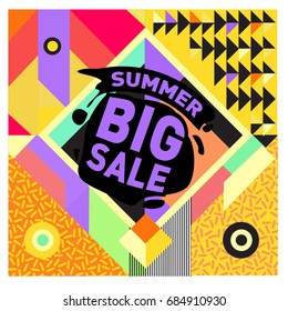 Summer sale memphis style web banner. Fashion and travel discount poster. Vector holiday Abstract colorful illustration with special offer and promotion.