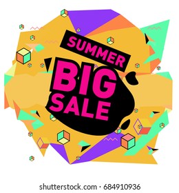 Summer sale memphis style web banner. Fashion and travel discount poster. Vector holiday Abstract colorful illustration with special offer and promotion.