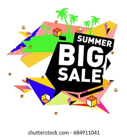 Summer sale memphis style web banner. Fashion and travel discount poster. Vector holiday Abstract colorful illustration with special offer and promotion.