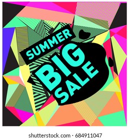 Summer sale memphis style web banner. Fashion and travel discount poster. Vector holiday Abstract colorful illustration with special offer and promotion.
