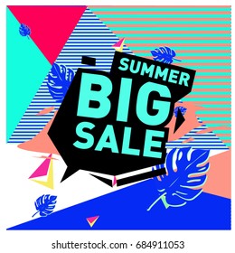 Summer sale memphis style web banner. Fashion and travel discount poster. Vector holiday Abstract colorful illustration with special offer and promotion.