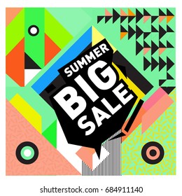 Summer sale memphis style web banner. Fashion and travel discount poster. Vector holiday Abstract colorful illustration with special offer and promotion.