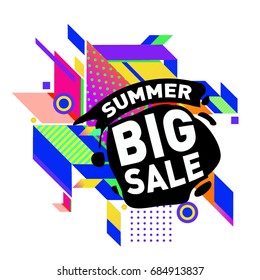 Summer sale memphis style web banner. Fashion and travel discount poster. Vector holiday Abstract colorful illustration with special offer and promotion.