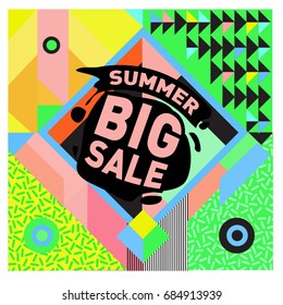 Summer sale memphis style web banner. Fashion and travel discount poster. Vector holiday Abstract colorful illustration with special offer and promotion.
