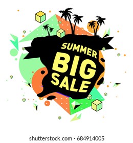 Summer sale memphis style web banner. Fashion and travel discount poster. Vector holiday Abstract colorful illustration with special offer and promotion.