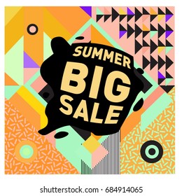 Summer sale memphis style web banner. Fashion and travel discount poster. Vector holiday Abstract colorful illustration with special offer and promotion.
