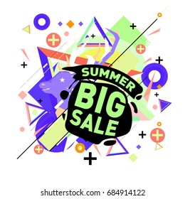 Summer sale memphis style web banner. Fashion and travel discount poster. Vector holiday Abstract colorful illustration with special offer and promotion.