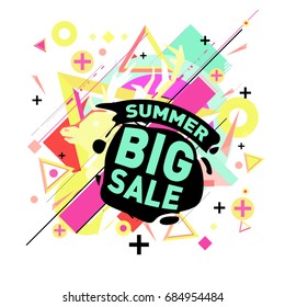 Summer sale memphis style web banner. Fashion and travel discount poster. Vector holiday Abstract colorful illustration with special offer and promotion.