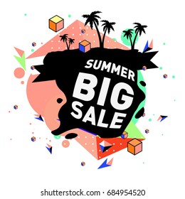 Summer sale memphis style web banner. Fashion and travel discount poster. Vector holiday Abstract colorful illustration with special offer and promotion.