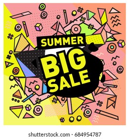 Summer sale memphis style web banner. Fashion and travel discount poster. Vector holiday Abstract colorful illustration with special offer and promotion.