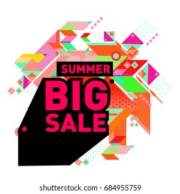 Summer sale memphis style web banner. Fashion and travel discount poster. Vector holiday Abstract colorful illustration with special offer and promotion.