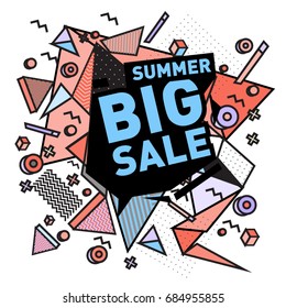 Summer sale memphis style web banner. Fashion and travel discount poster. Vector holiday Abstract colorful illustration with special offer and promotion.