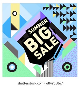 Summer sale memphis style web banner. Fashion and travel discount poster. Vector holiday Abstract colorful illustration with special offer and promotion.