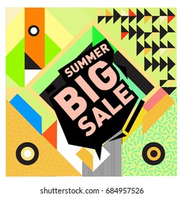 Summer sale memphis style web banner. Fashion and travel discount poster. Vector holiday Abstract colorful illustration with special offer and promotion.