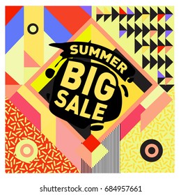 Summer sale memphis style web banner. Fashion and travel discount poster. Vector holiday Abstract colorful illustration with special offer and promotion.