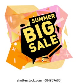 Summer sale memphis style web banner. Fashion and travel discount poster. Vector holiday Abstract colorful illustration with special offer and promotion.