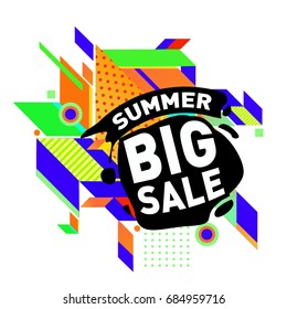 Summer sale memphis style web banner. Fashion and travel discount poster. Vector holiday Abstract colorful illustration with special offer and promotion.
