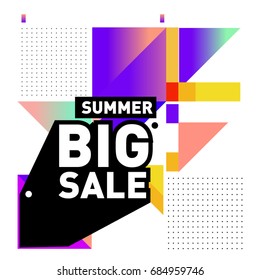 Summer sale memphis style web banner. Fashion and travel discount poster. Vector holiday Abstract colorful illustration with special offer and promotion.