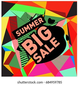 Summer sale memphis style web banner. Fashion and travel discount poster. Vector holiday Abstract colorful illustration with special offer and promotion.