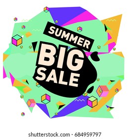Summer sale memphis style web banner. Fashion and travel discount poster. Vector holiday Abstract colorful illustration with special offer and promotion.