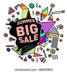 Summer sale memphis style web banner. Fashion and travel discount poster. Vector holiday Abstract colorful illustration with special offer and promotion.