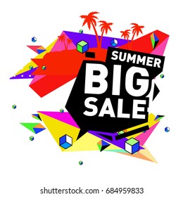 Summer sale memphis style web banner. Fashion and travel discount poster. Vector holiday Abstract colorful illustration with special offer and promotion.
