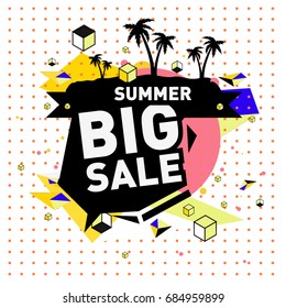 Summer sale memphis style web banner. Fashion and travel discount poster. Vector holiday Abstract colorful illustration with special offer and promotion.