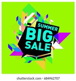 Summer sale memphis style web banner. Fashion and travel discount poster. Vector holiday Abstract colorful illustration with special offer and promotion.