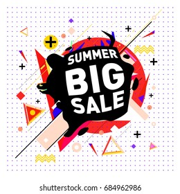 Summer sale memphis style web banner. Fashion and travel discount poster. Vector holiday Abstract colorful illustration with special offer and promotion.