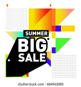 Summer sale memphis style web banner. Fashion and travel discount poster. Vector holiday Abstract colorful illustration with special offer and promotion.
