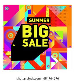 Summer sale memphis style web banner. Fashion and travel discount poster. Vector holiday Abstract colorful illustration with special offer and promotion.